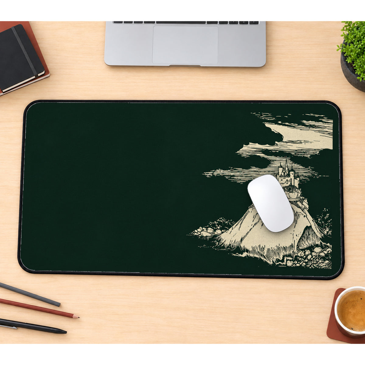 Cream Mountain Castle Sketch desk mat — product mockup 1