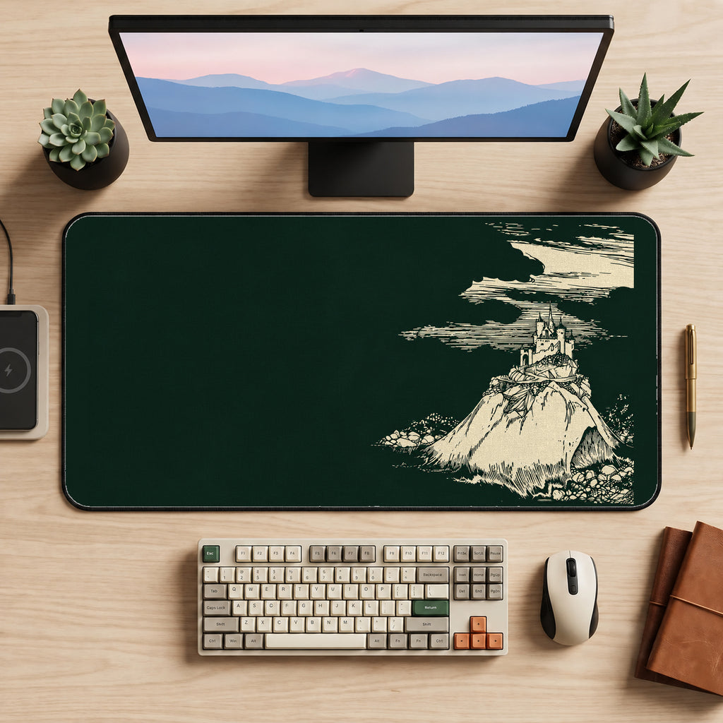 Cream Mountain Castle Sketch desk mat — product mockup 2