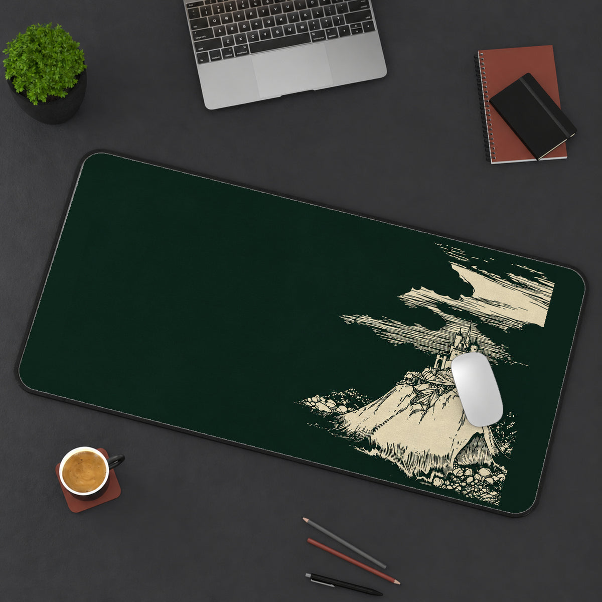 Cream Mountain Castle Sketch desk mat — product mockup 3