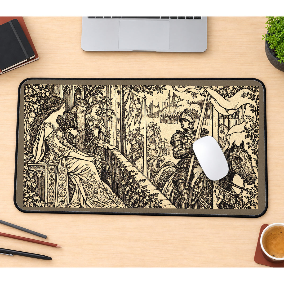 Knight and Princess Tapestry Scene desk mat — product mockup 1