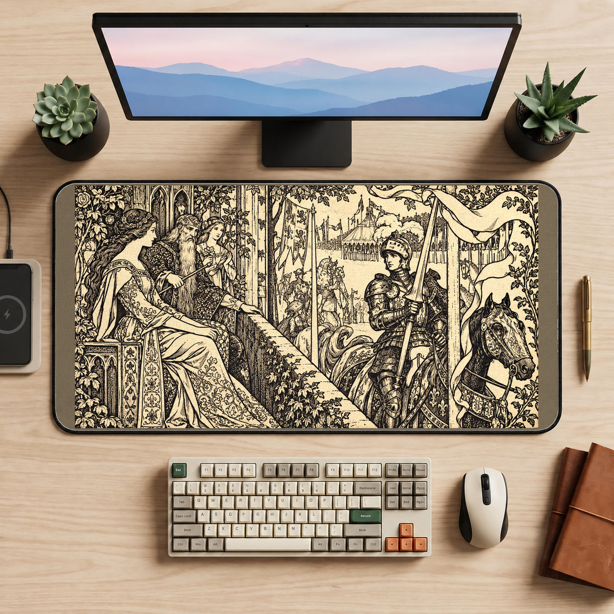 Knight and Princess Tapestry Scene desk mat — product mockup 2