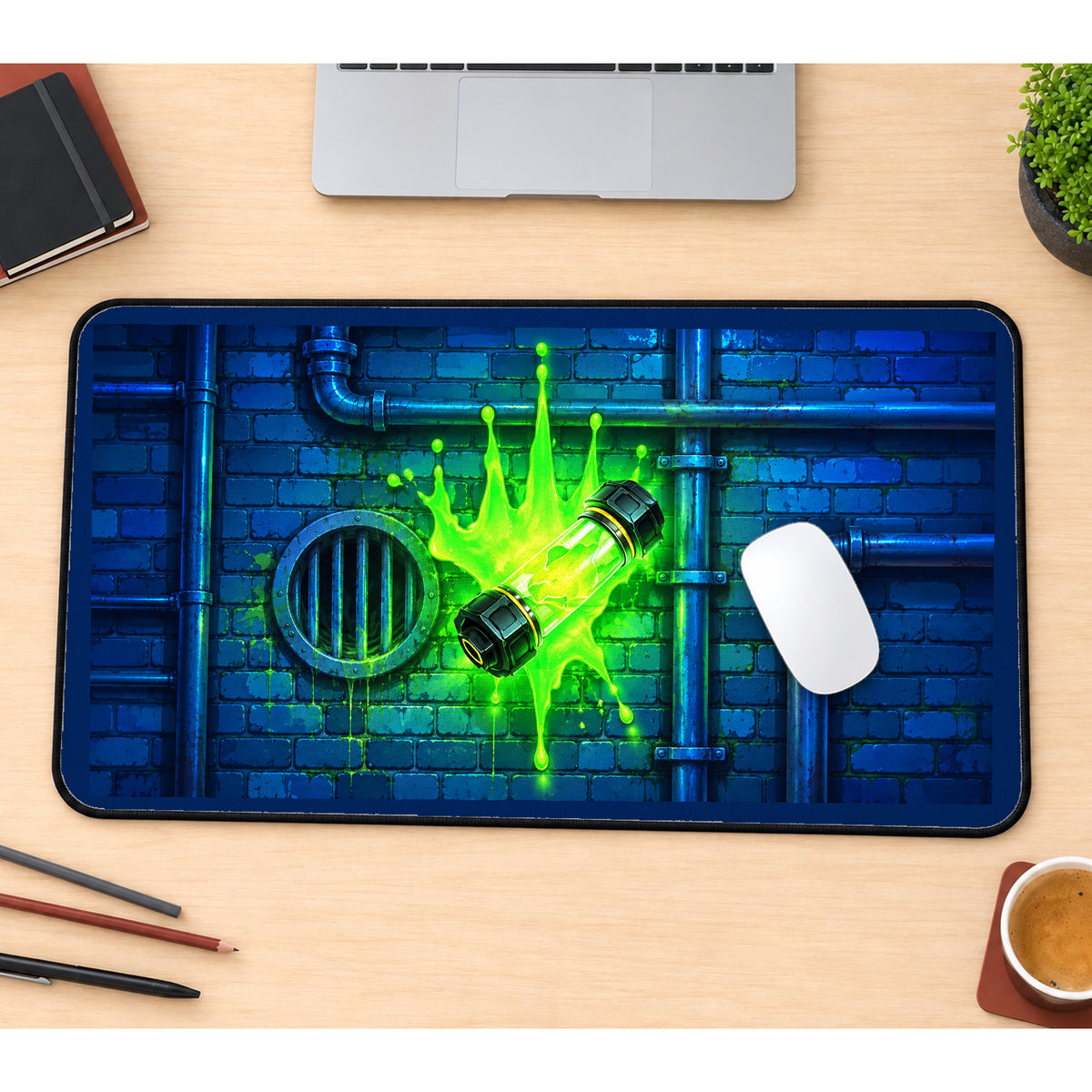 Green Ooze Canister on Brick desk mat — product mockup 1