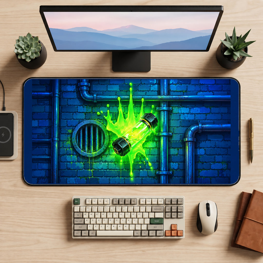 Green Ooze Canister on Brick desk mat — product mockup 2