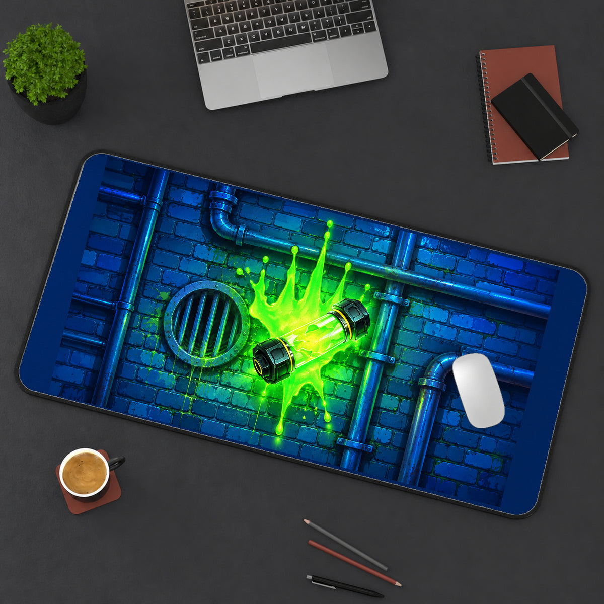 Green Ooze Canister on Brick desk mat — product mockup 3