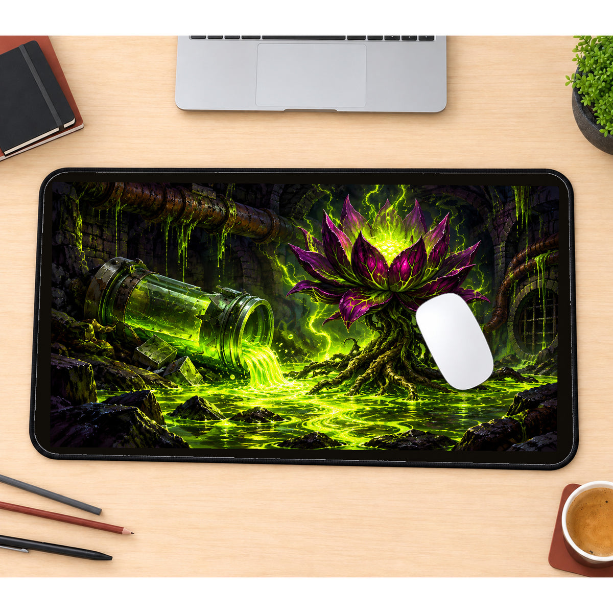 Mutant Lotus in Glowing Ooze desk mat — product mockup 1
