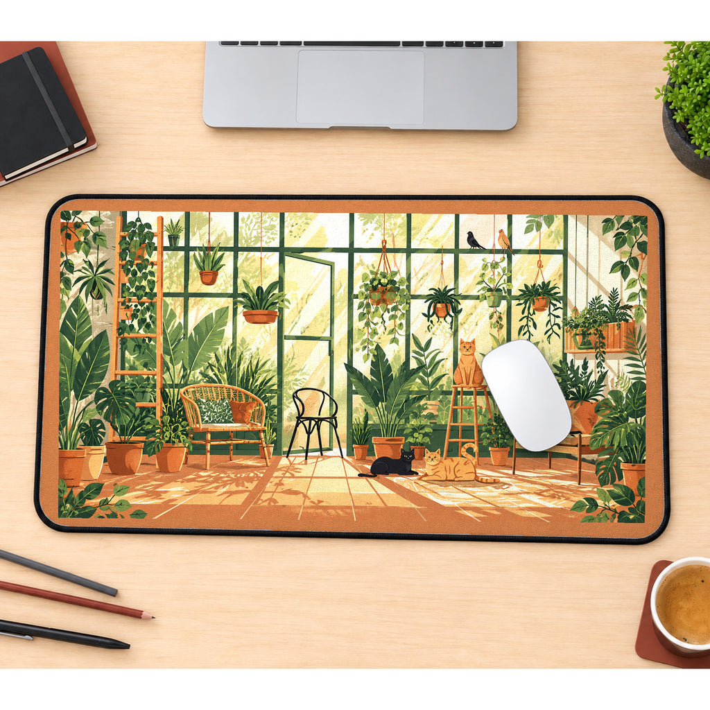 Sunny Cat Greenhouse desk mat — product mockup 1