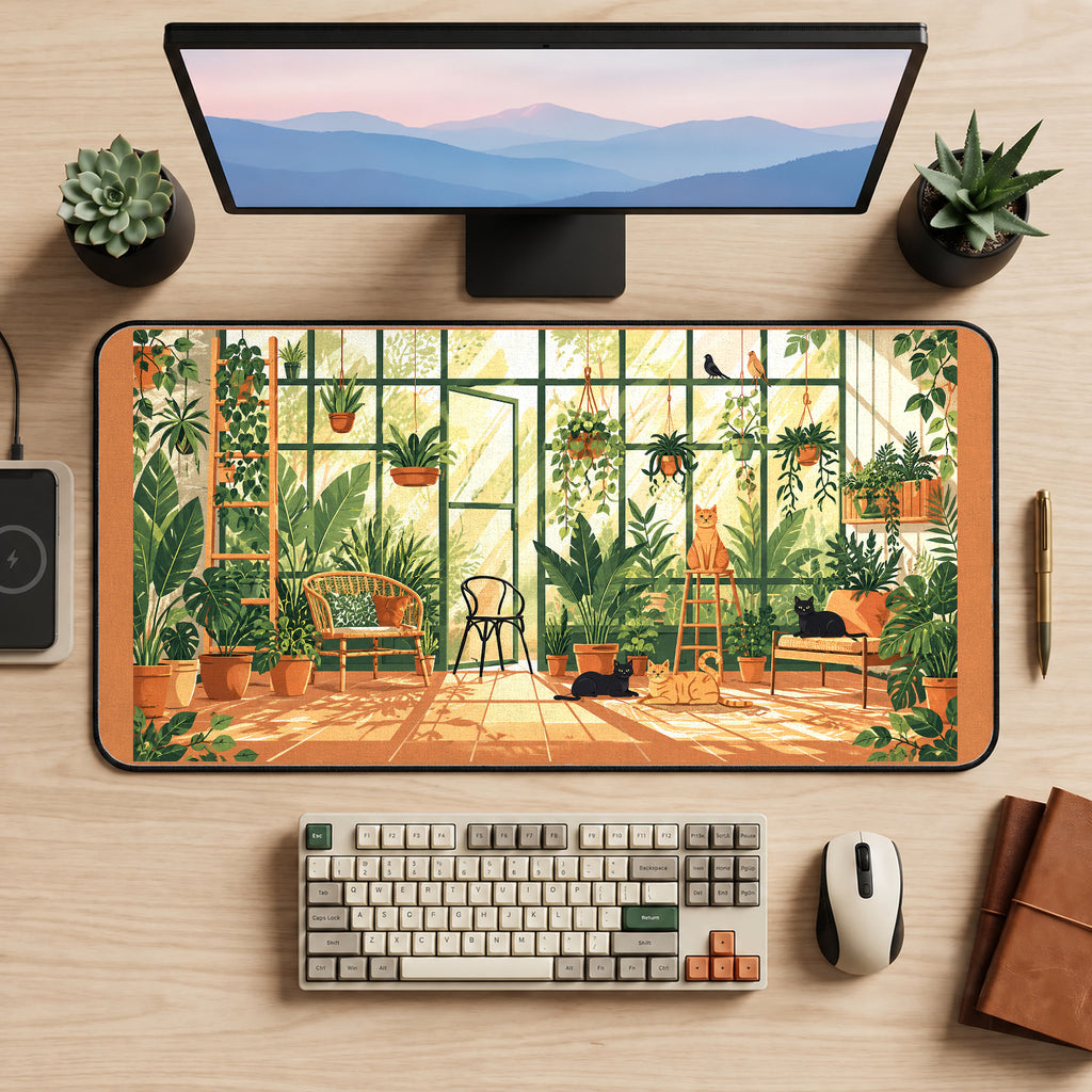 Sunny Cat Greenhouse desk mat — product mockup 2