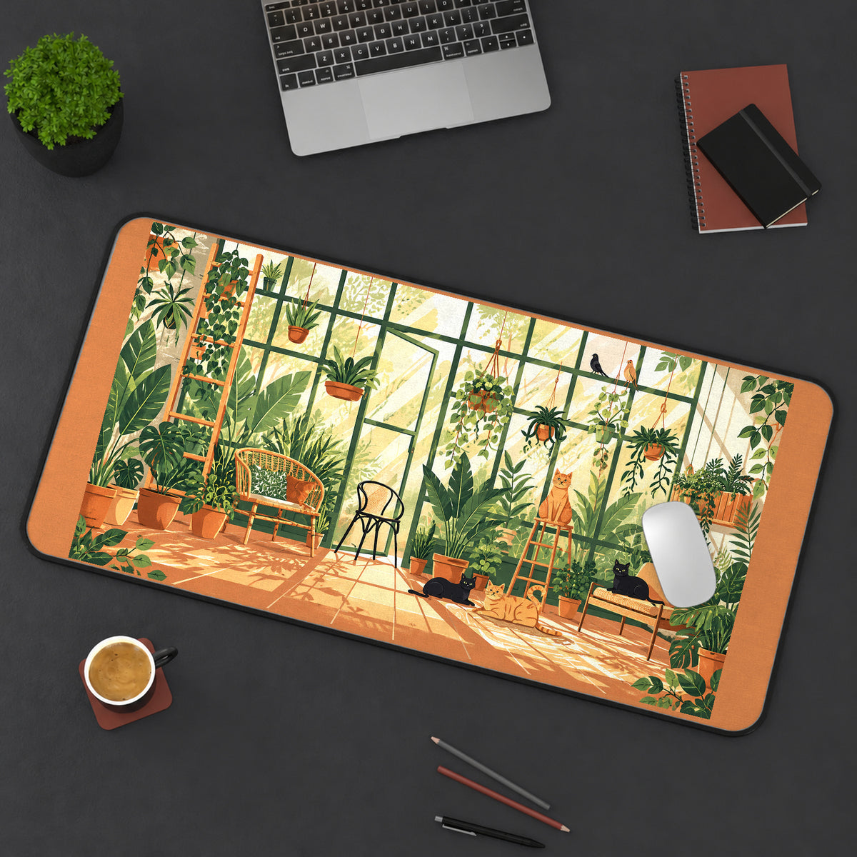 Sunny Cat Greenhouse desk mat — product mockup 3