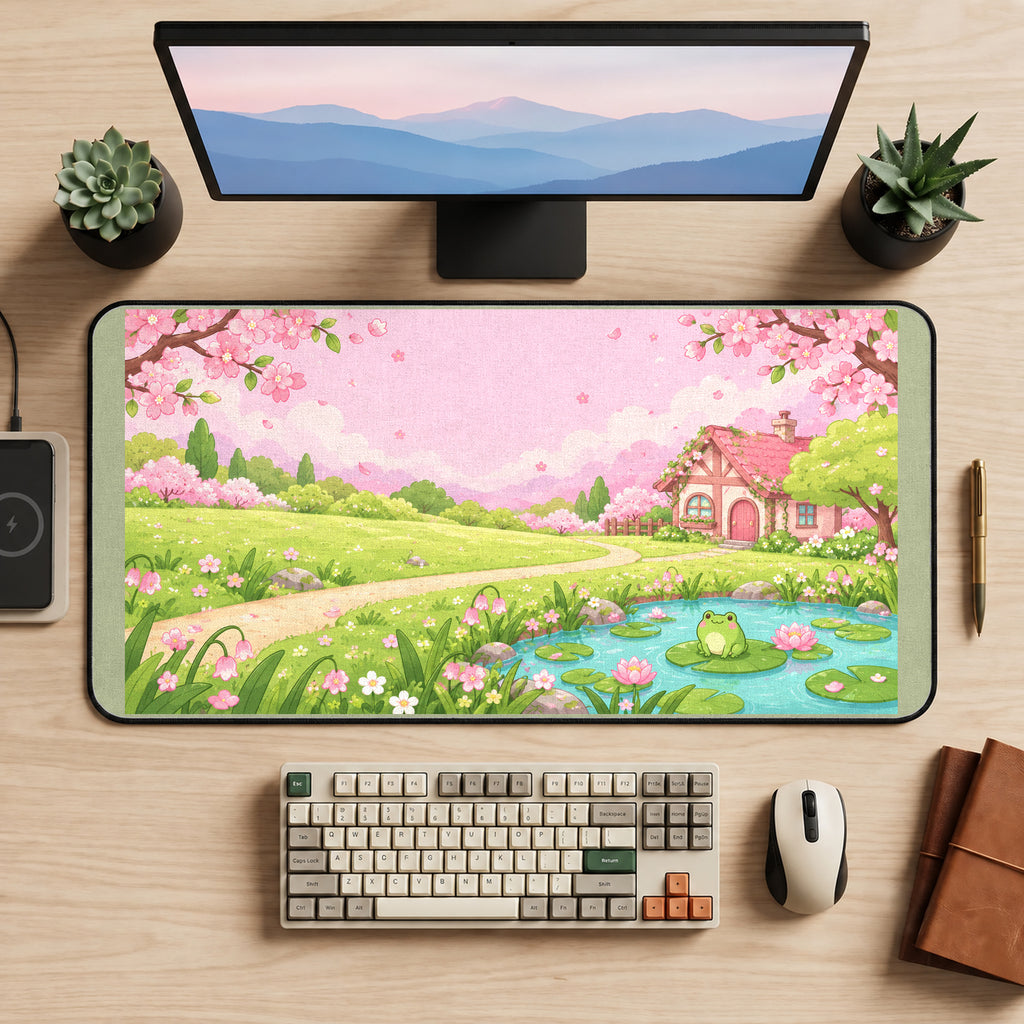 Pastel Sakura Cottage Pond desk mat — product mockup 2