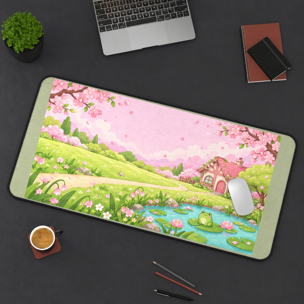 Pastel Sakura Cottage Pond desk mat — product mockup 3