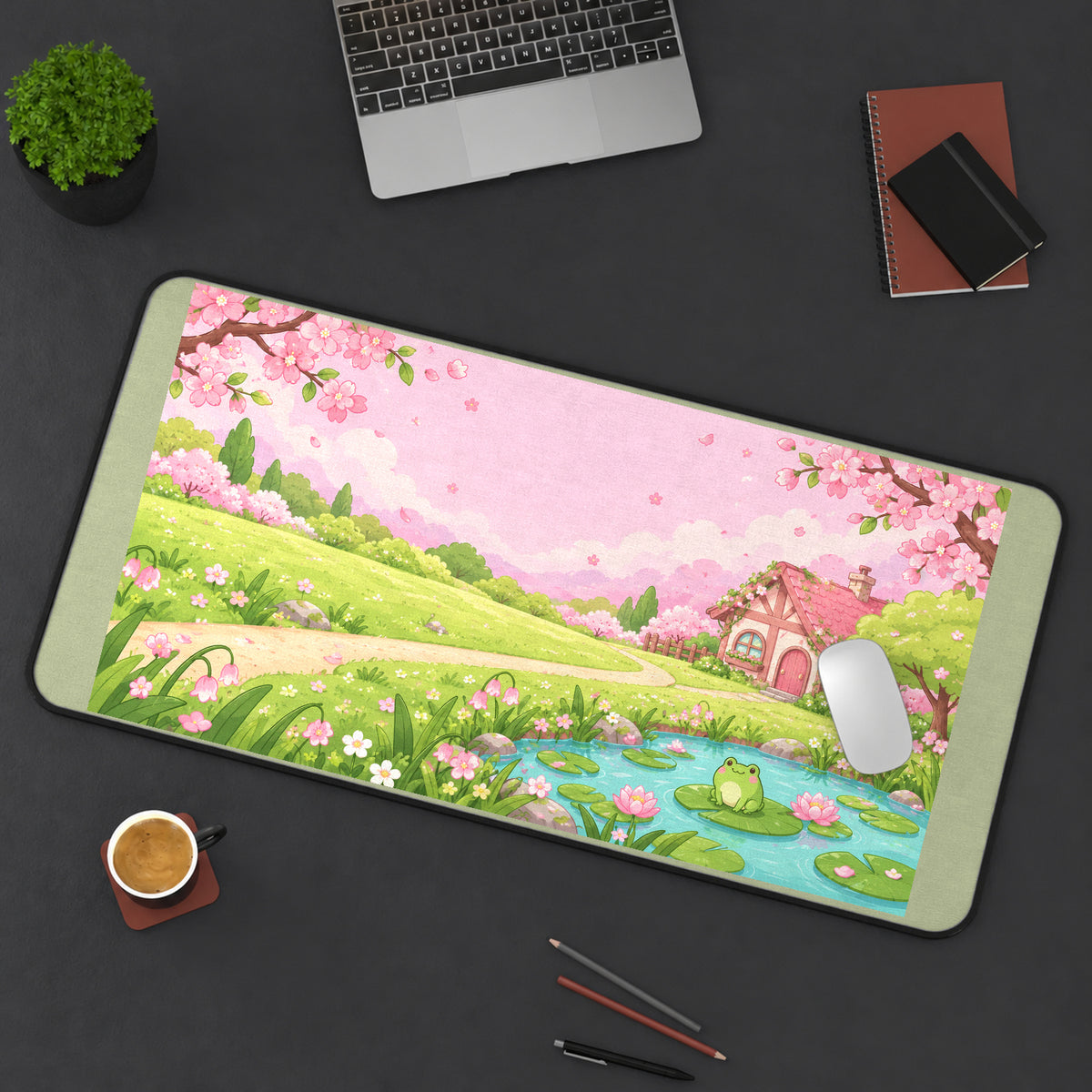 Pastel Sakura Cottage Pond desk mat — product mockup 3