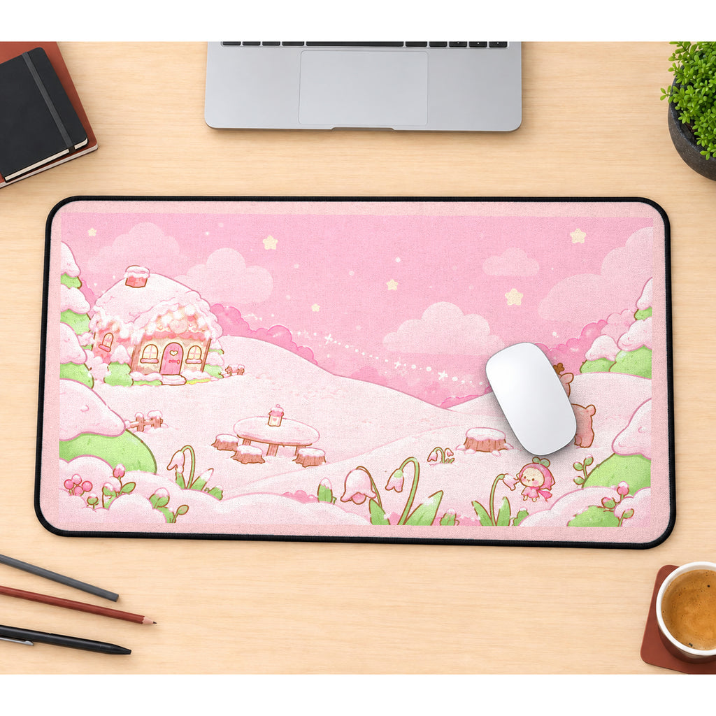 Pastel Winter Bear Cottage desk mat — product mockup 1