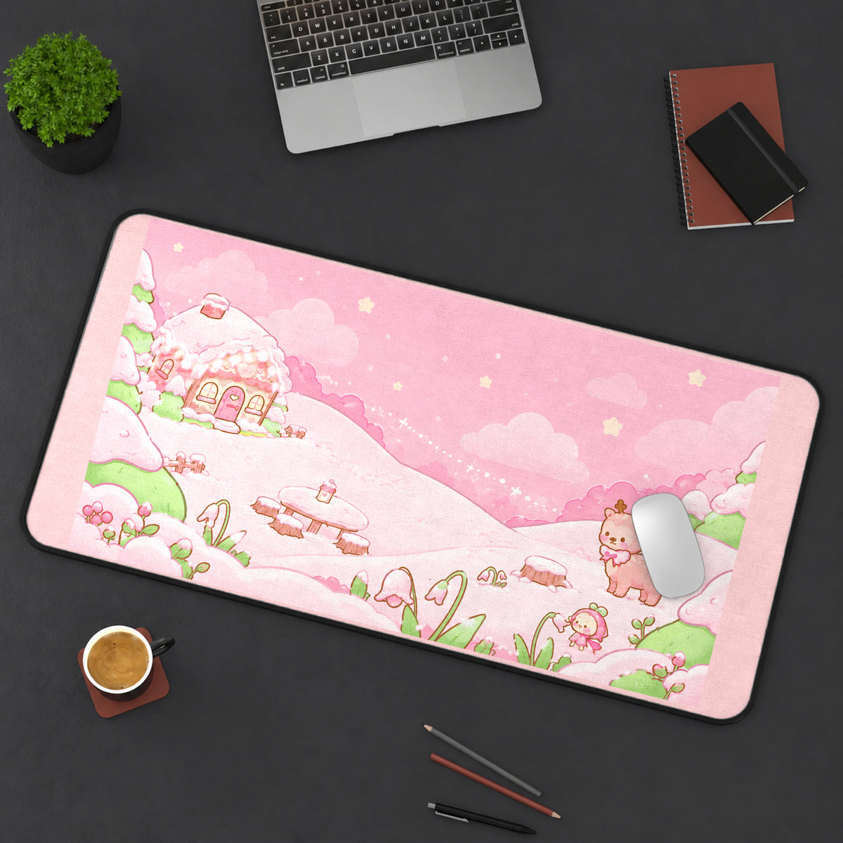 Pastel Winter Bear Cottage desk mat — product mockup 3