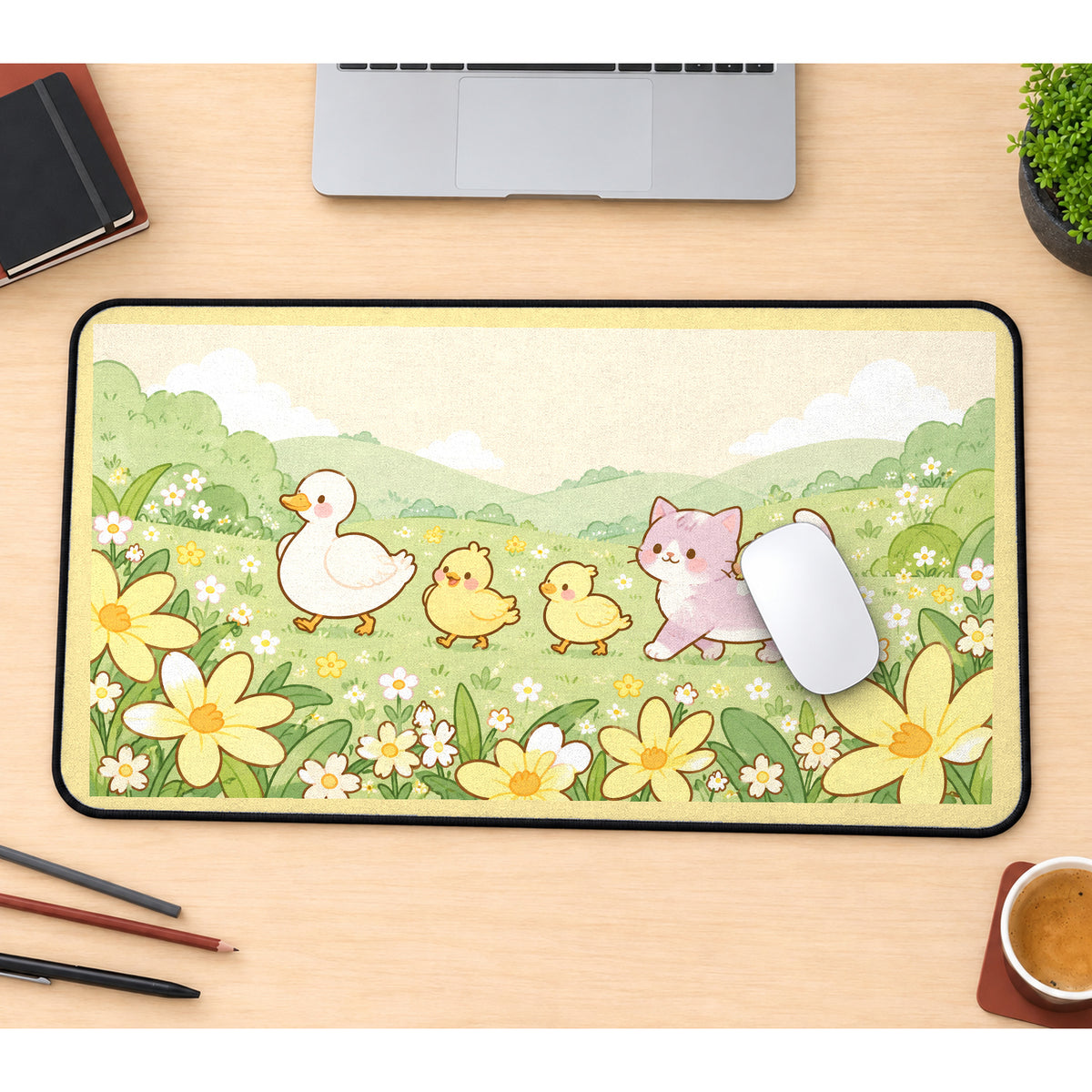 Spring Ducks and Kitten Meadow desk mat — product mockup 1