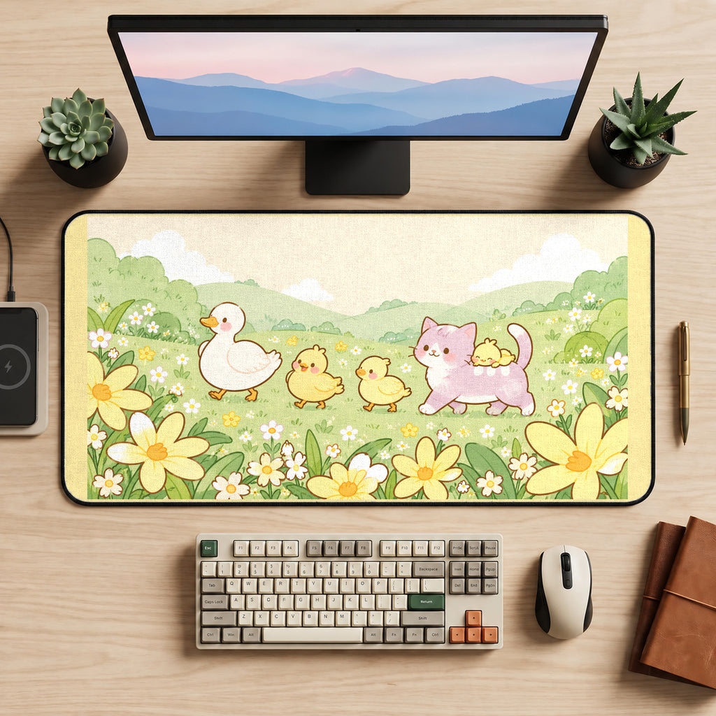 Spring Ducks and Kitten Meadow desk mat — product mockup 2