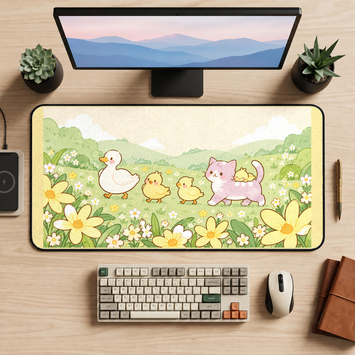 Spring Ducks and Kitten Meadow desk mat — product mockup 2