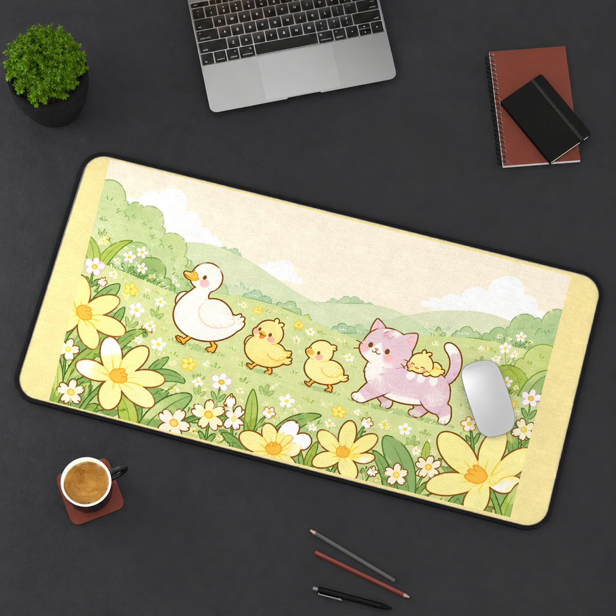 Spring Ducks and Kitten Meadow desk mat — product mockup 3