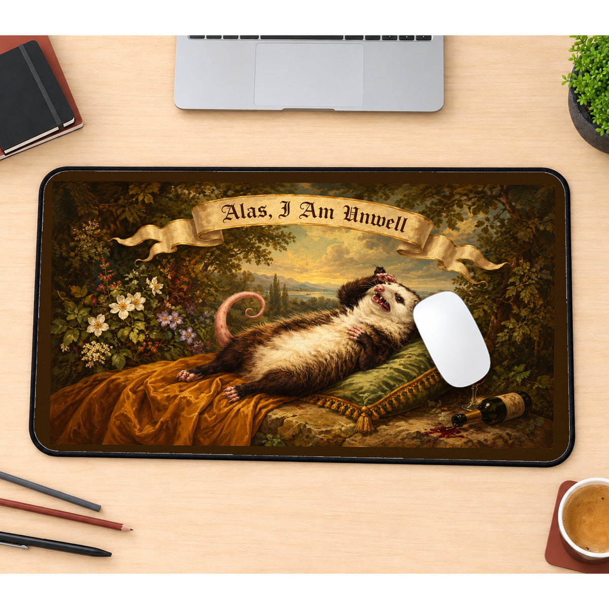 Unwell Possum Renaissance Portrait desk mat — product mockup 1