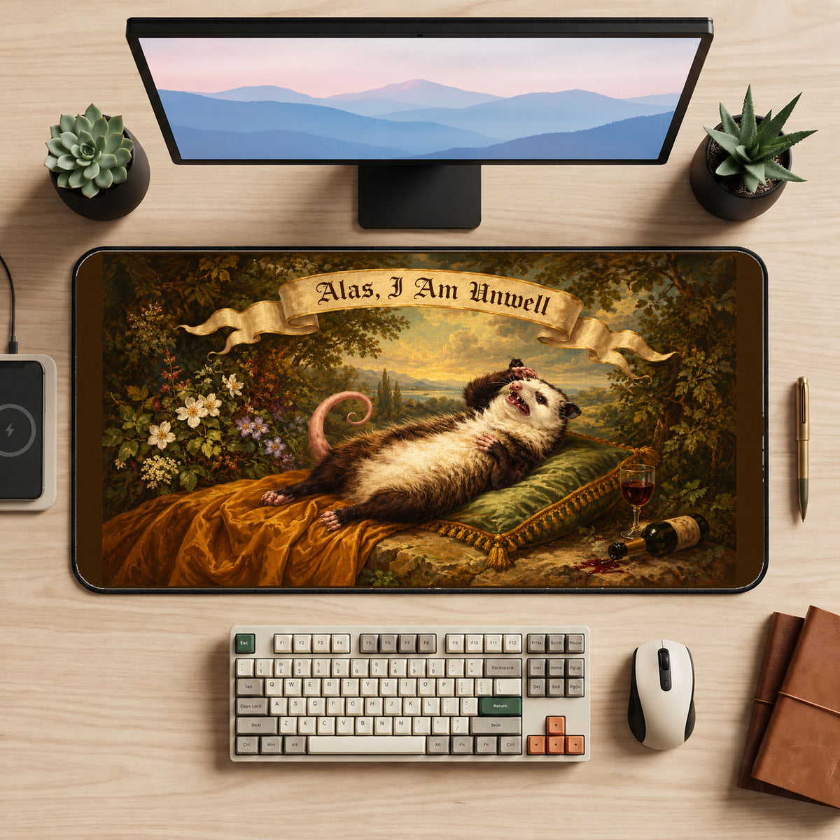 Unwell Possum Renaissance Portrait desk mat — product mockup 2