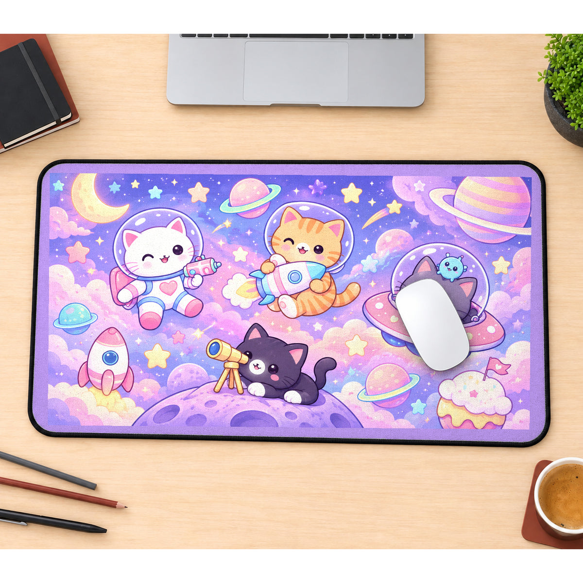 Pastel Space Cat Explorers desk mat — product mockup 1