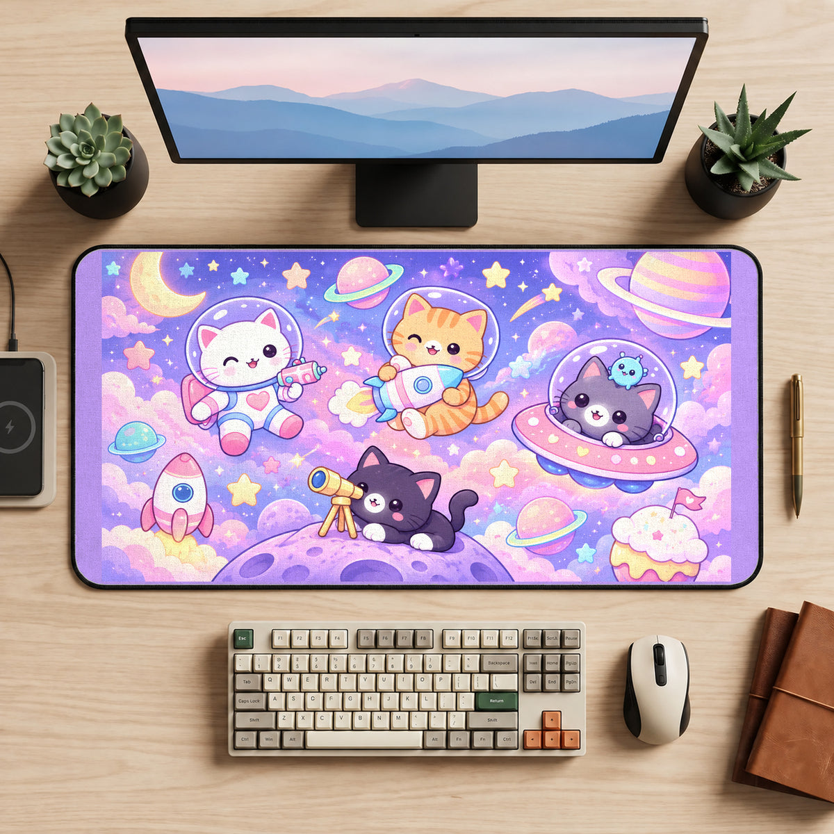 Pastel Space Cat Explorers desk mat — product mockup 2