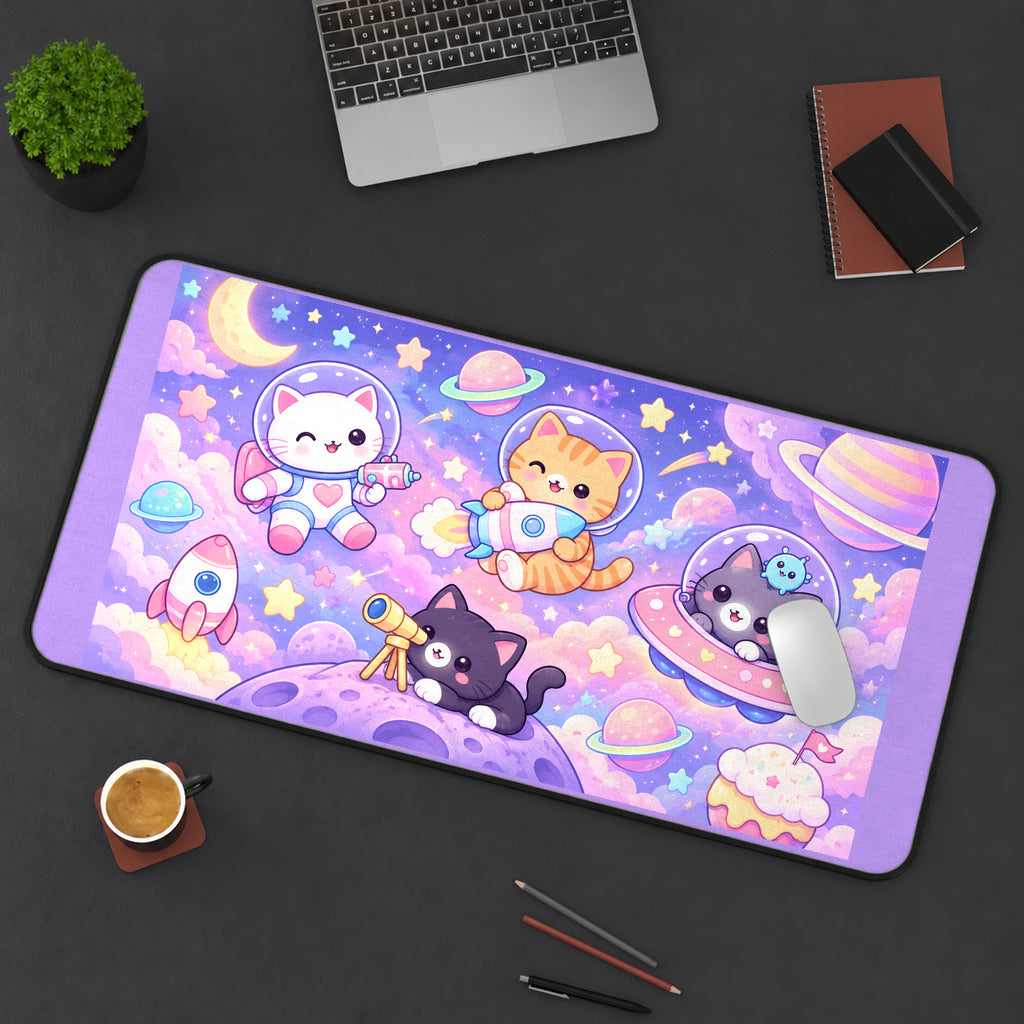 Pastel Space Cat Explorers desk mat — product mockup 3