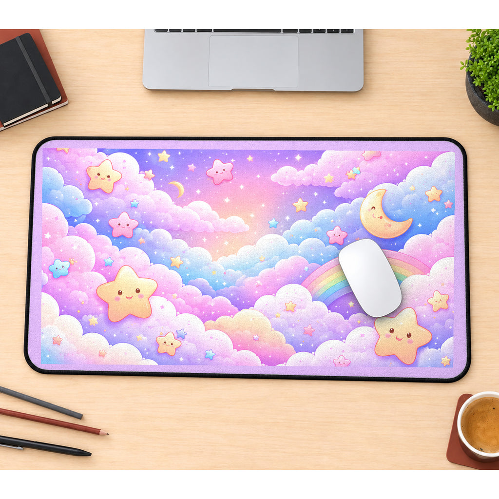 Rainbow Clouds and Smiling Stars desk mat — product mockup 1