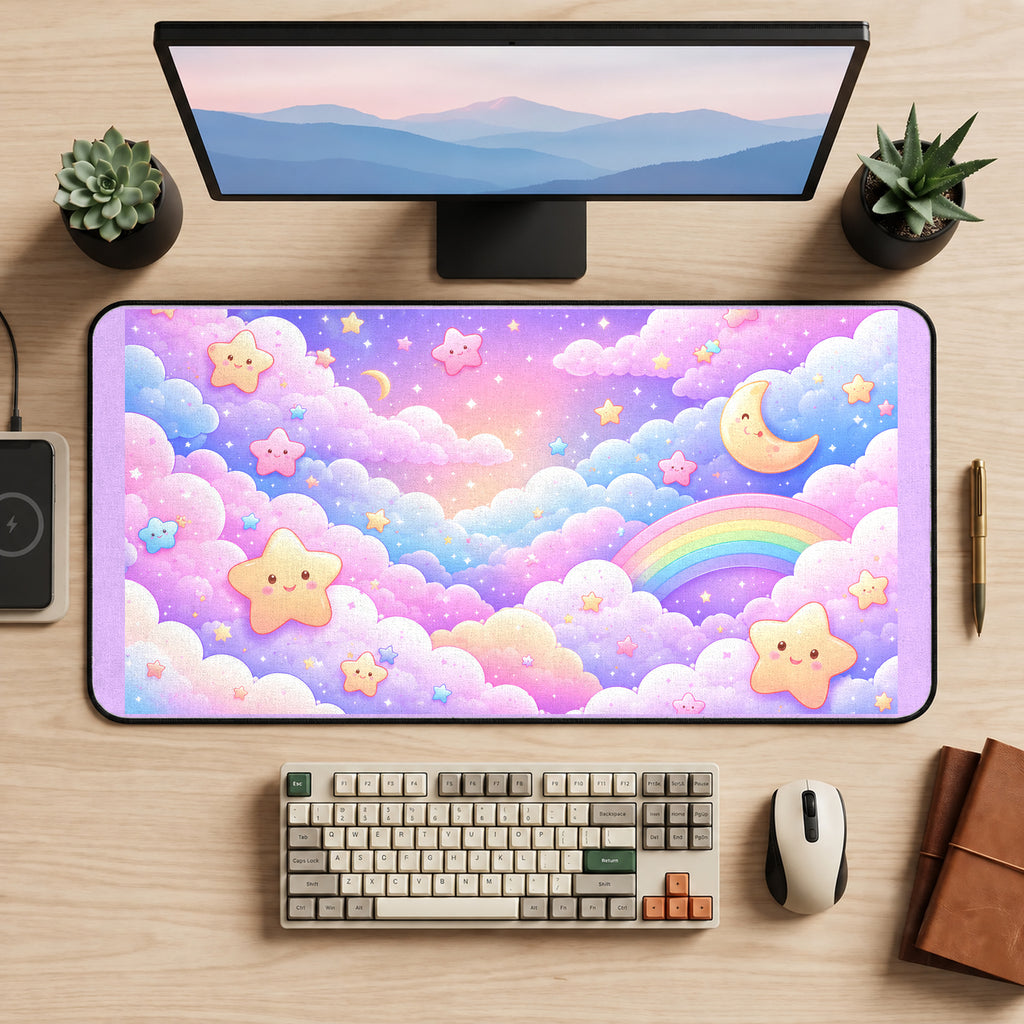 Rainbow Clouds and Smiling Stars desk mat — product mockup 2