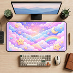 Rainbow Clouds and Smiling Stars desk mat — product mockup 2