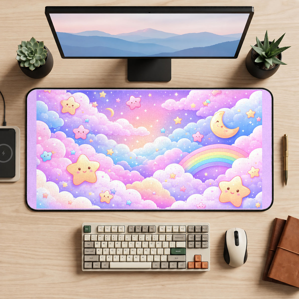 Rainbow Clouds and Smiling Stars desk mat — product mockup 2