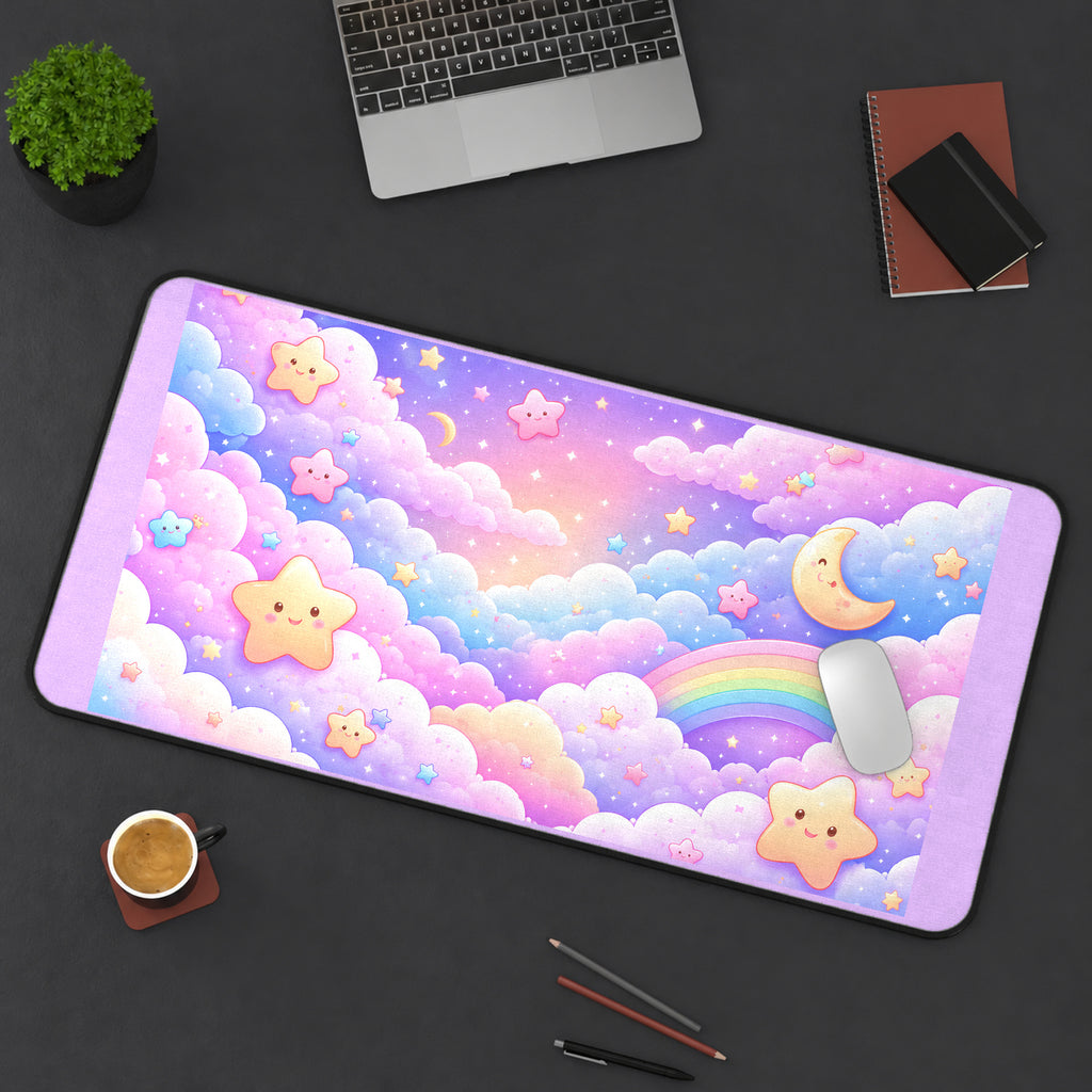Rainbow Clouds and Smiling Stars desk mat — product mockup 3