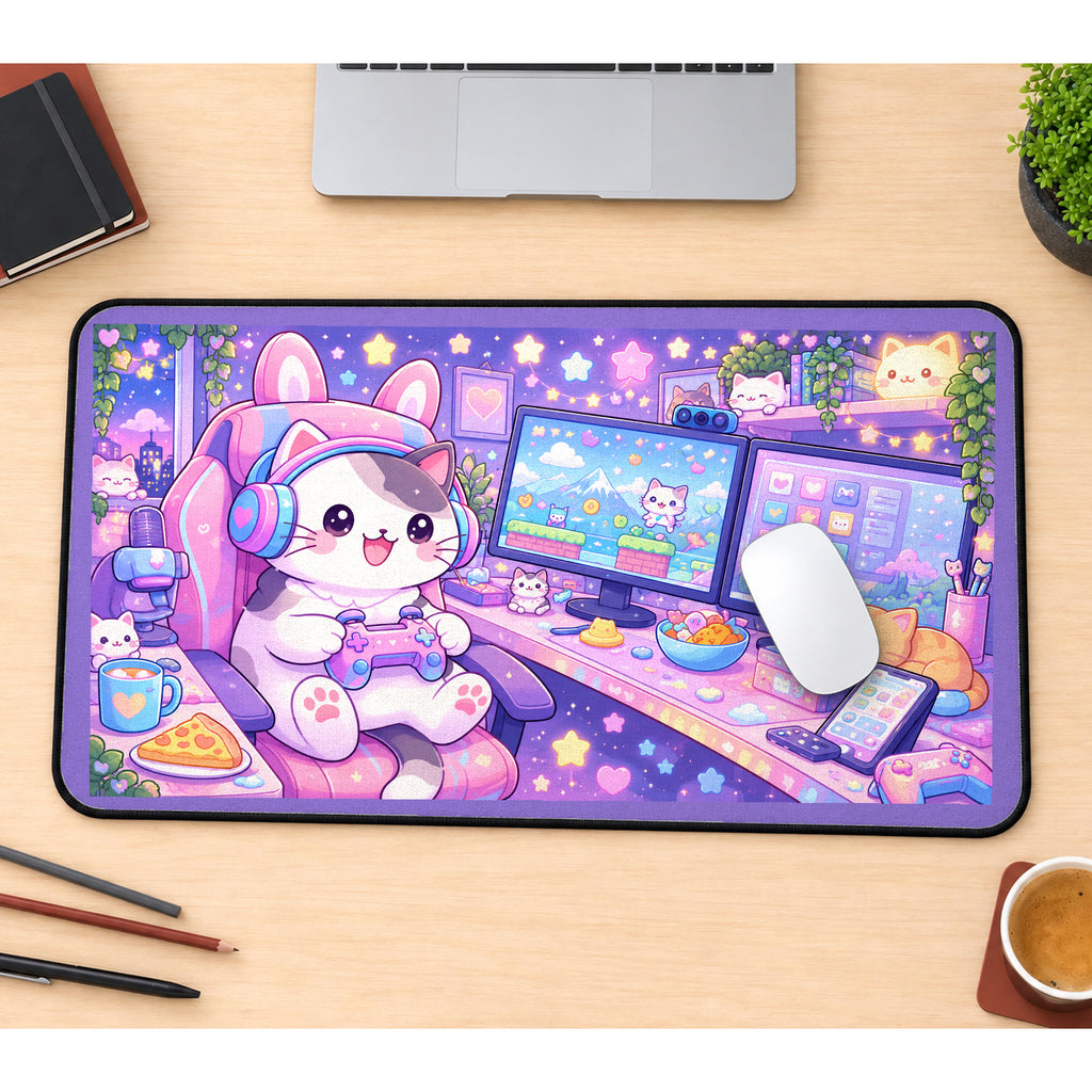 Cute Gamer Cat at a Computer desk mat — product mockup 1