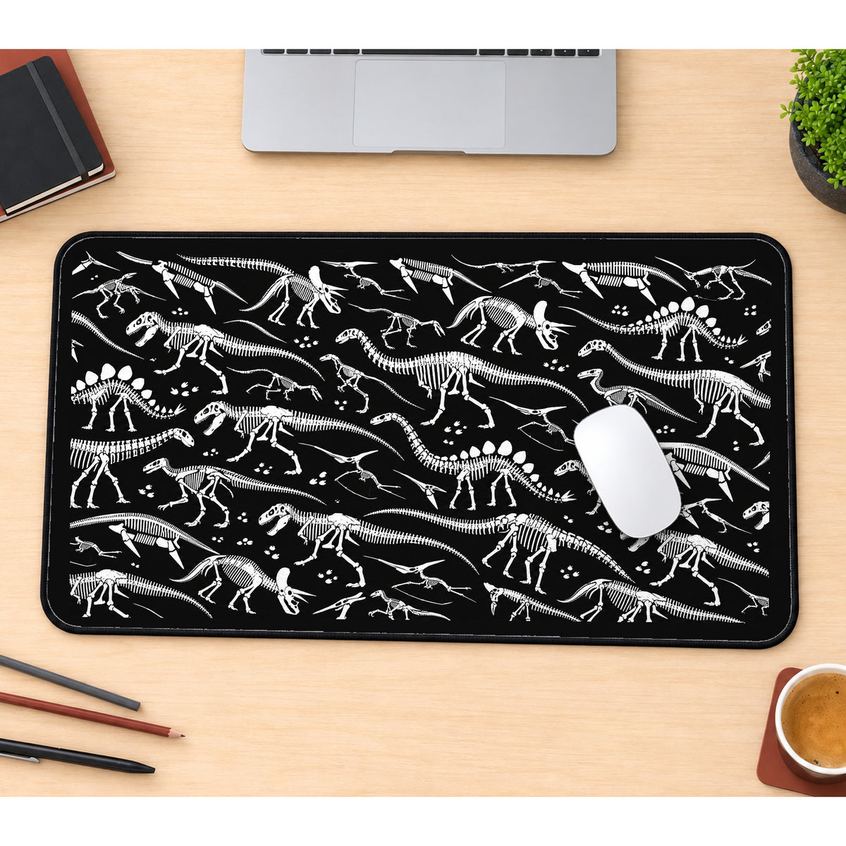 White Dinosaur Skeleton Pattern desk mat — product mockup 1
