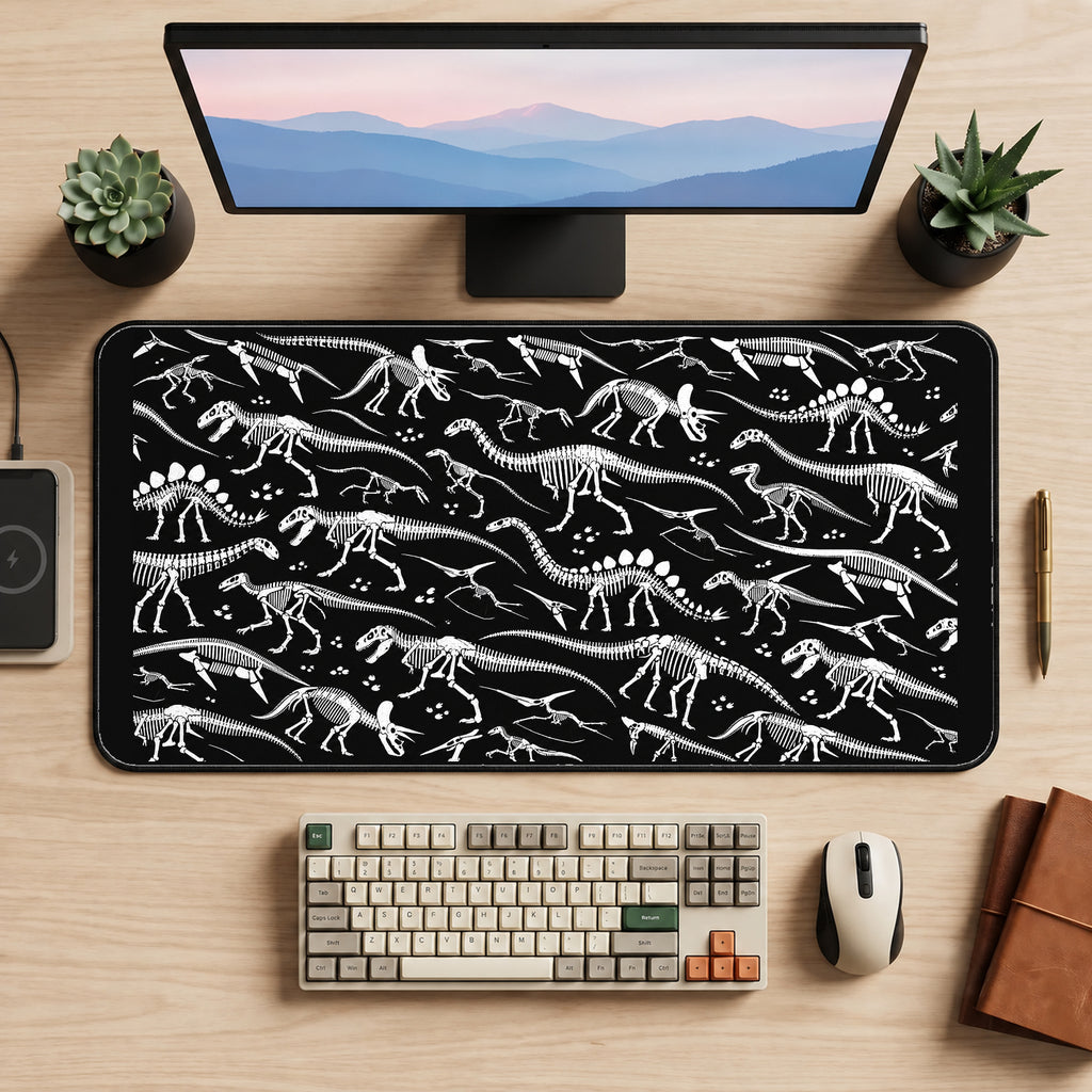 White Dinosaur Skeleton Pattern desk mat — product mockup 2