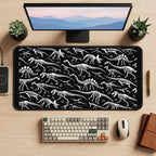 White Dinosaur Skeleton Pattern desk mat — product mockup 2