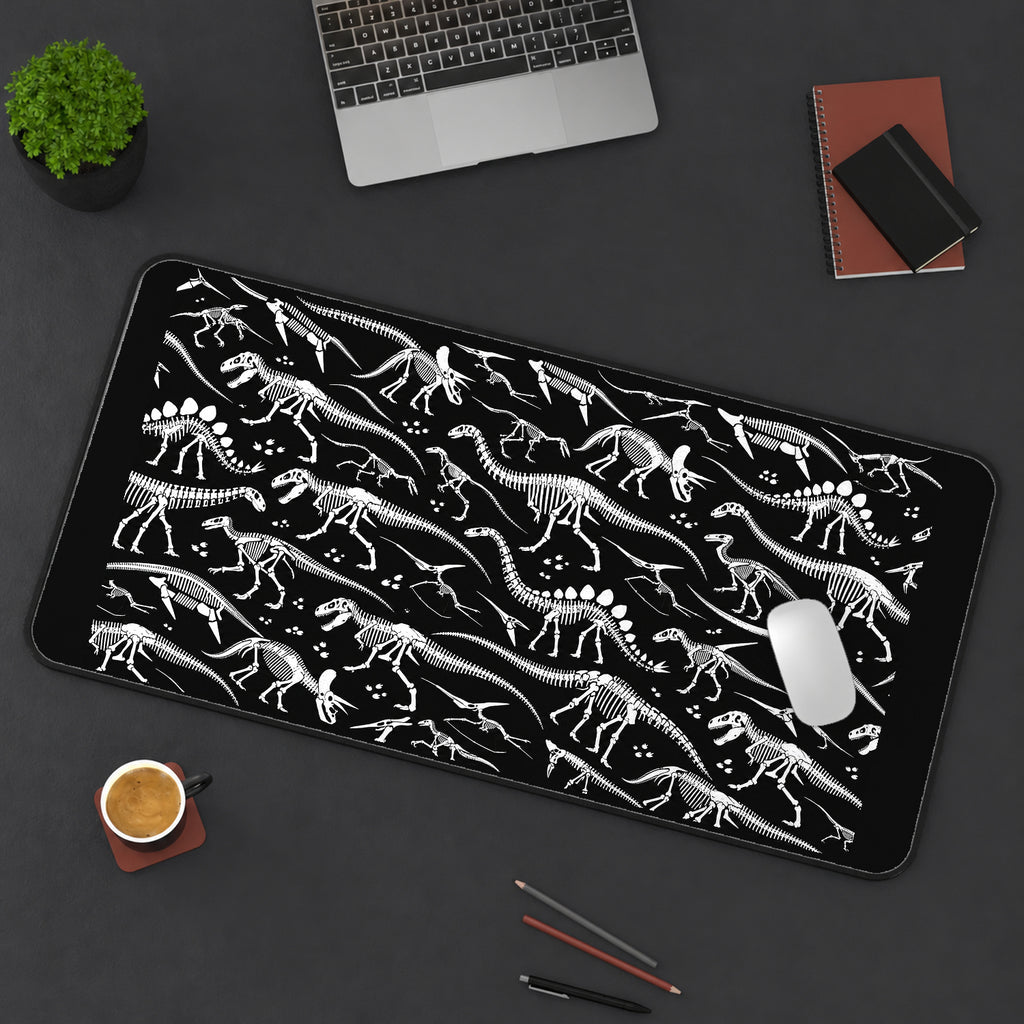 White Dinosaur Skeleton Pattern desk mat — product mockup 3