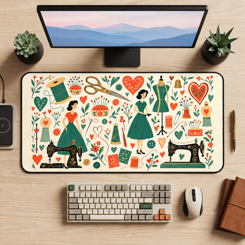 Vintage Sewing Room Pattern desk mat — product mockup 2