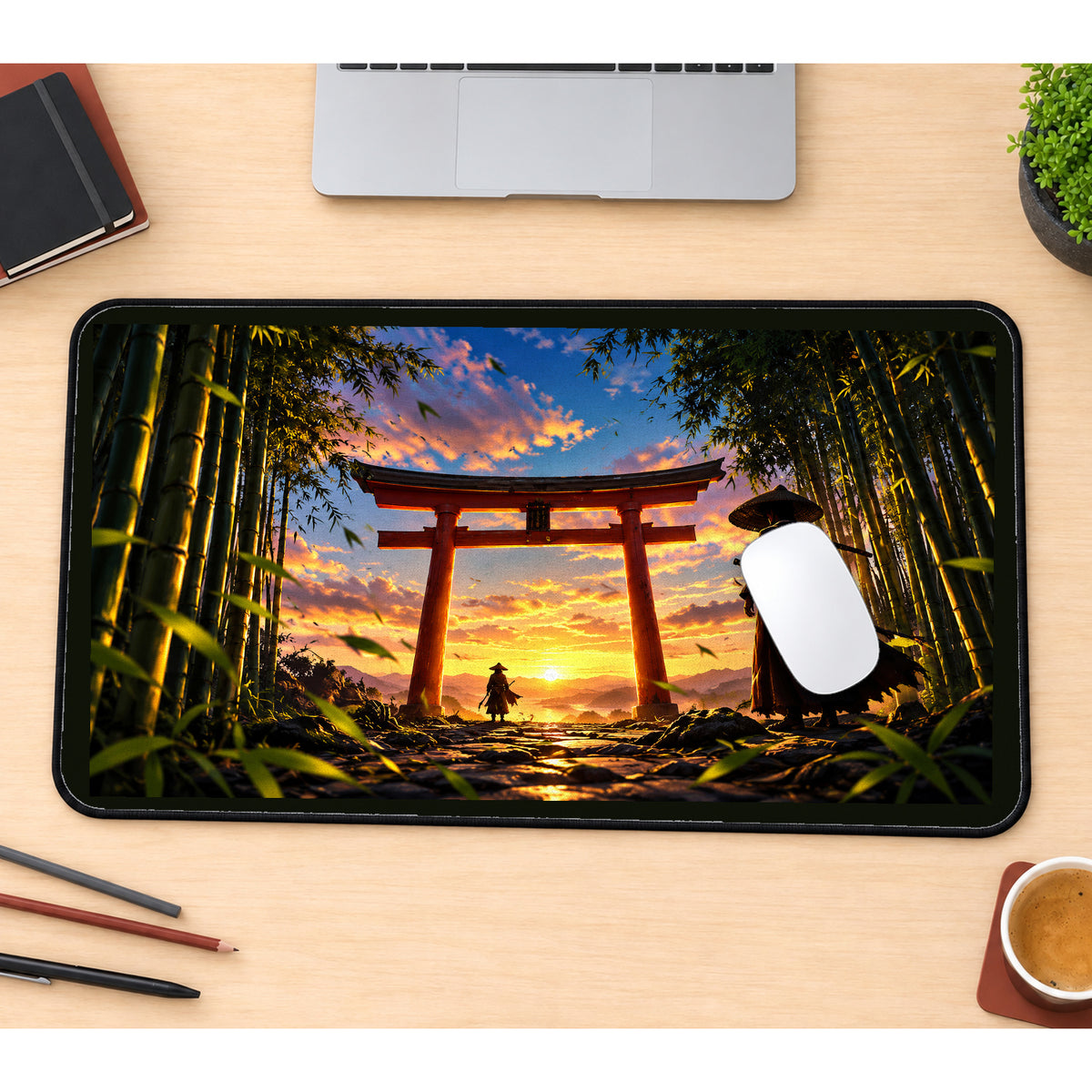 Samurai at a Sunset Torii desk mat — product mockup 1