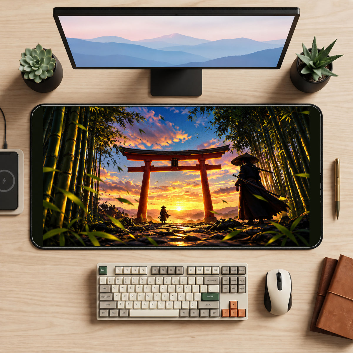 Samurai at a Sunset Torii desk mat — product mockup 2