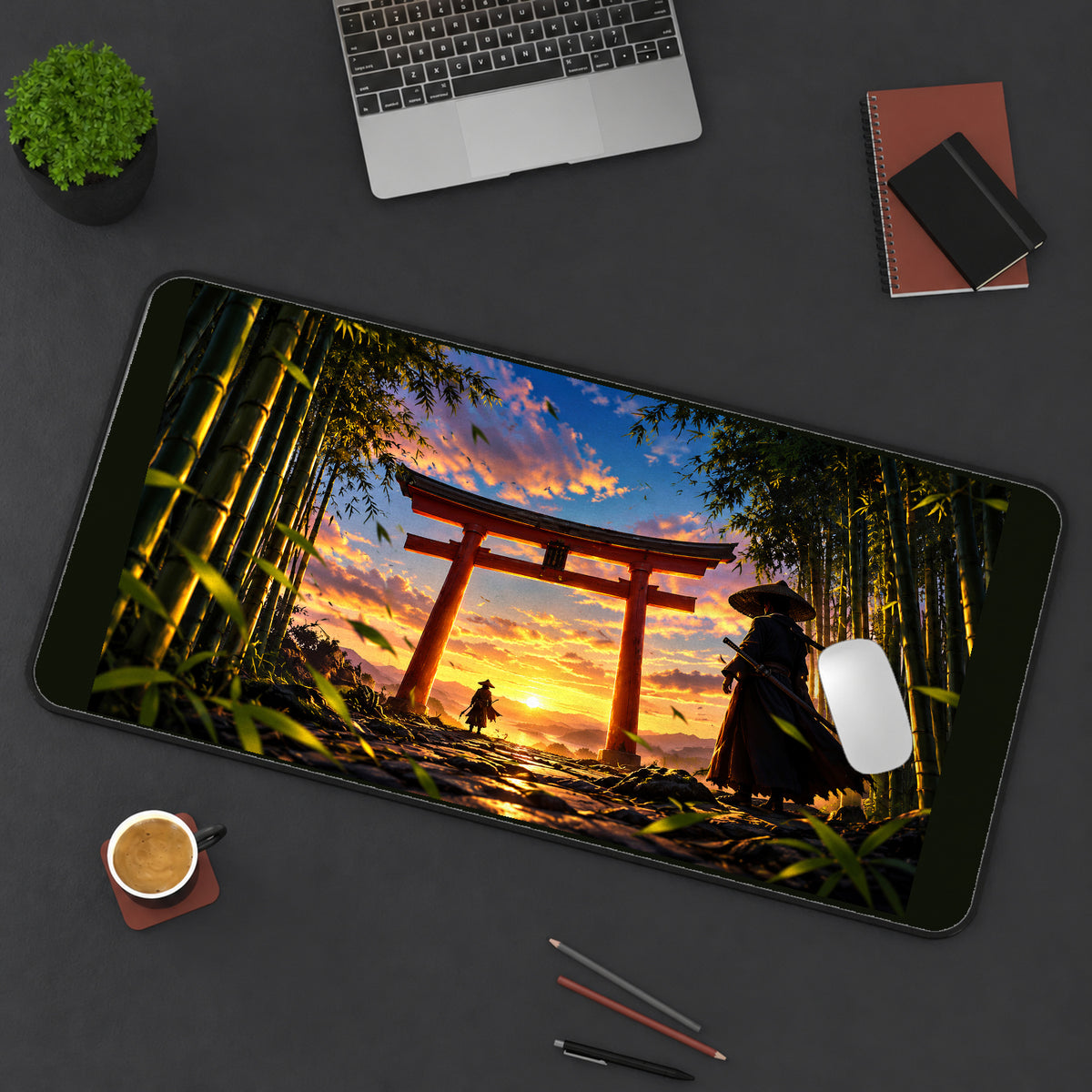 Samurai at a Sunset Torii desk mat — product mockup 3
