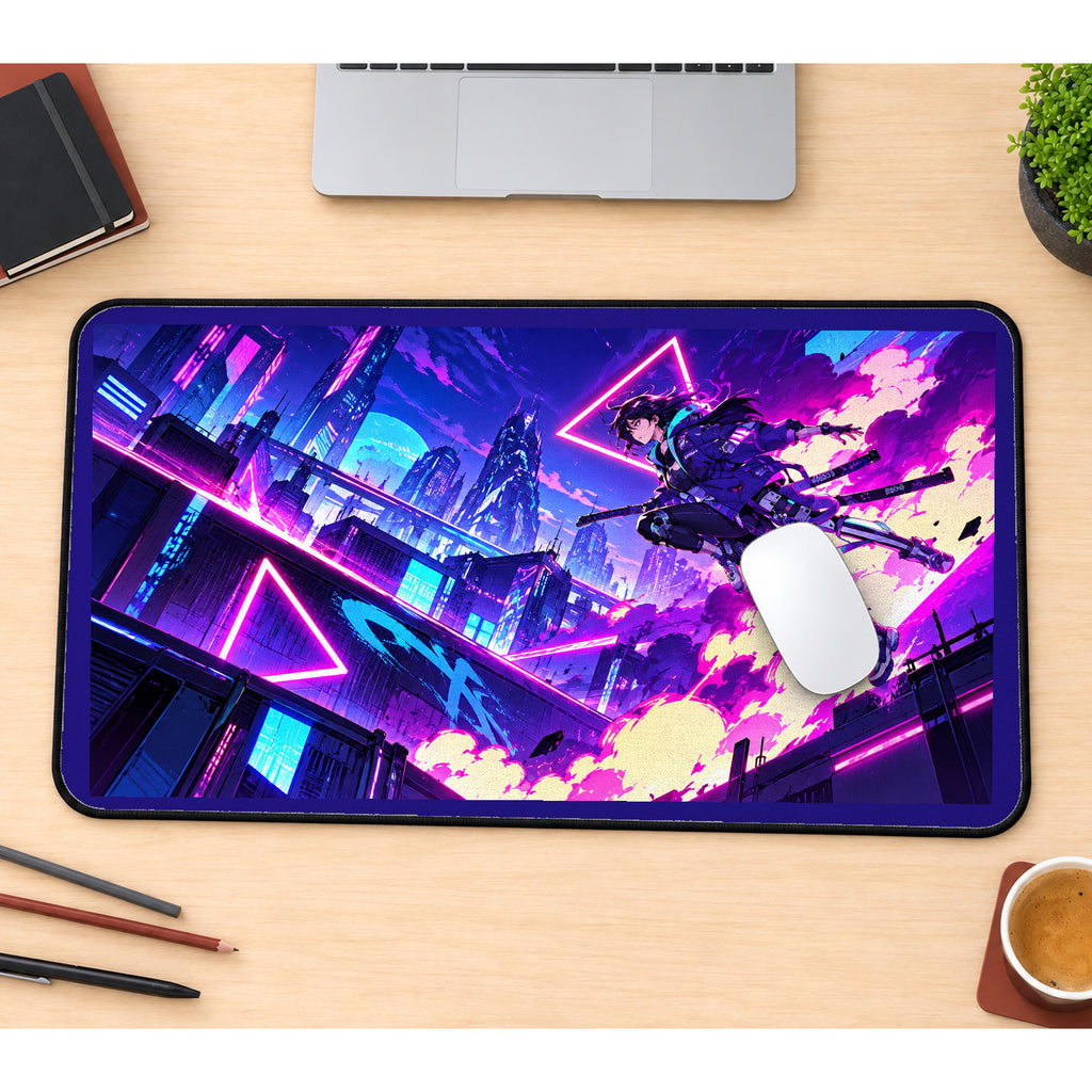Cyberpunk Anime Rooftop Warrior desk mat — product mockup 1