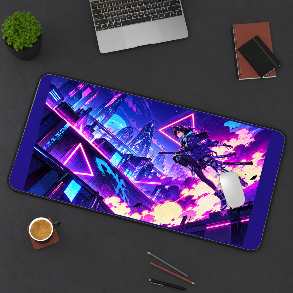 Cyberpunk Anime Rooftop Warrior desk mat — product mockup 3