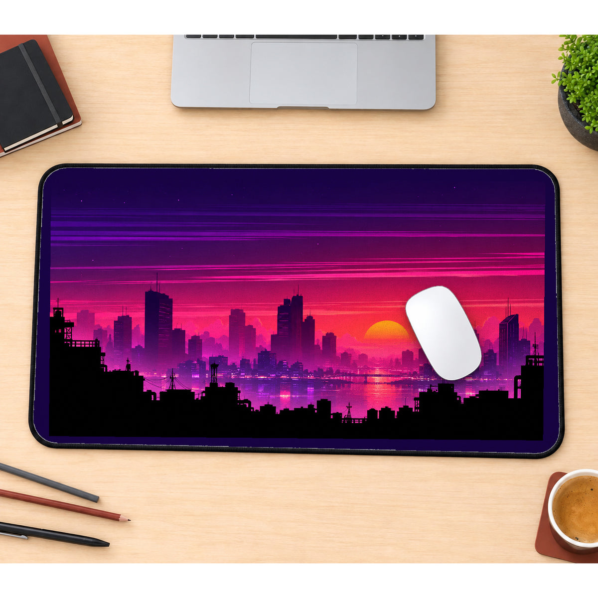 Vaporwave City Sunset desk mat — product mockup 1
