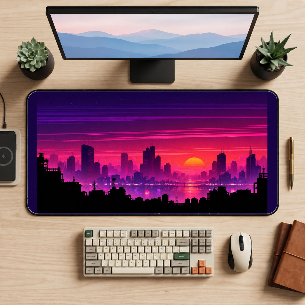 Vaporwave City Sunset desk mat — product mockup 2