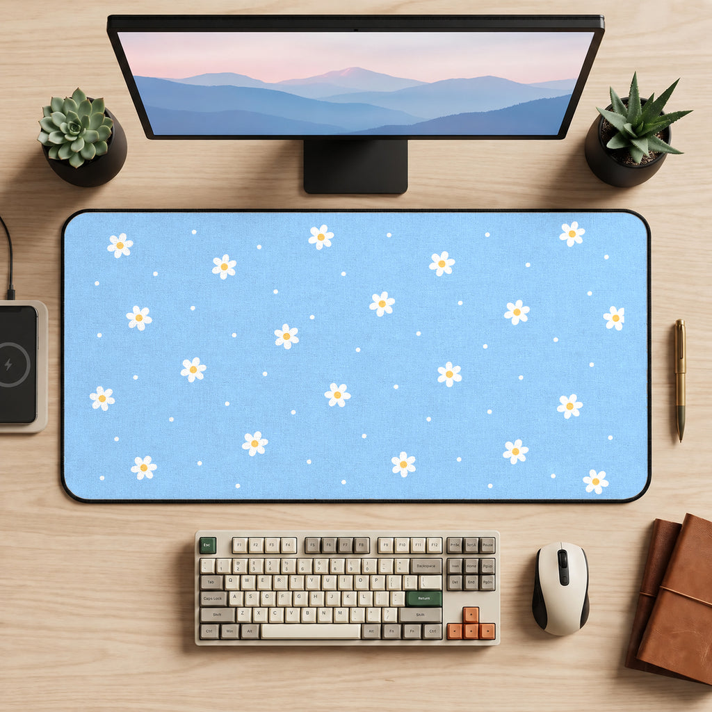 Tiny Daisies on Sky Blue desk mat — product mockup 2