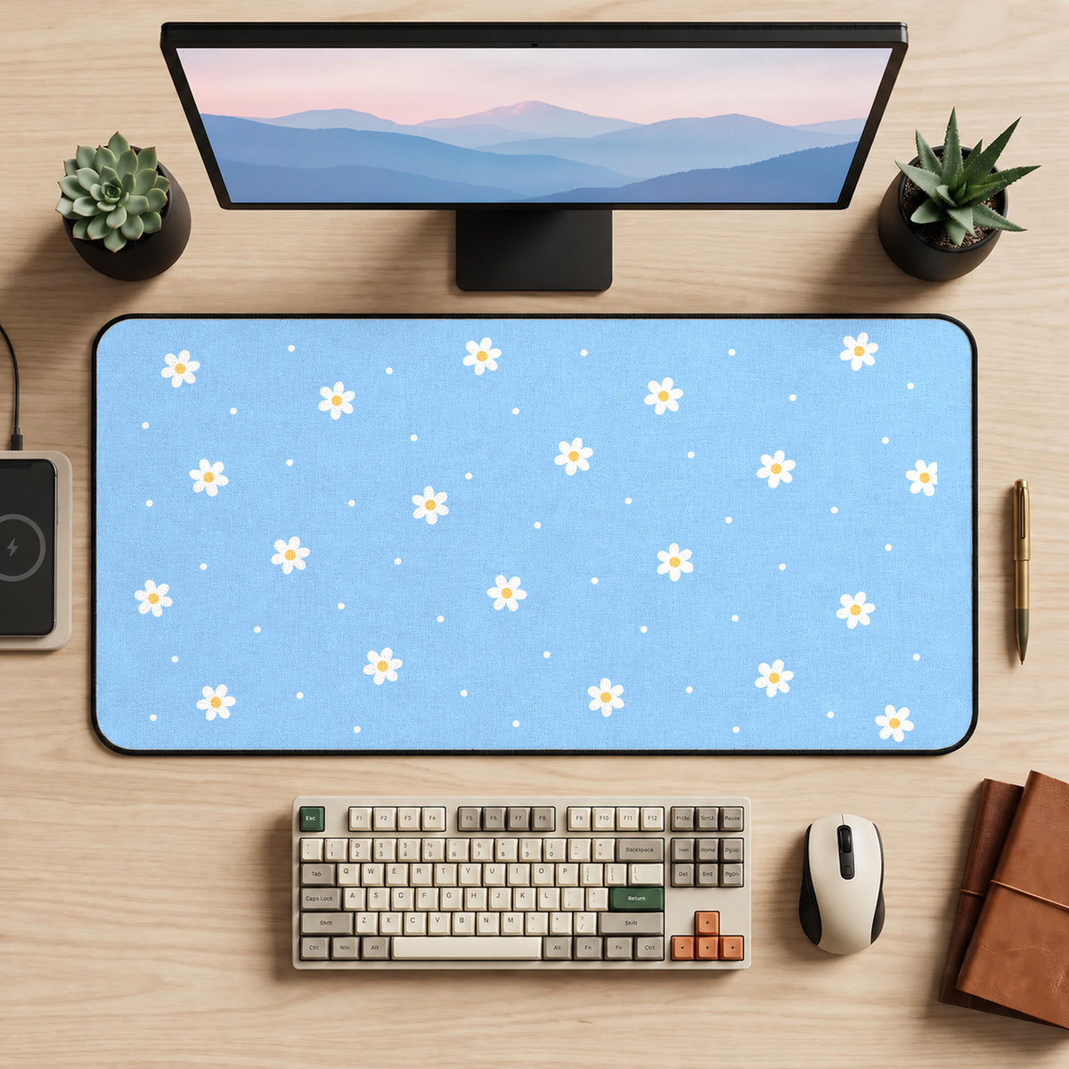 Tiny Daisies on Sky Blue desk mat — product mockup 2