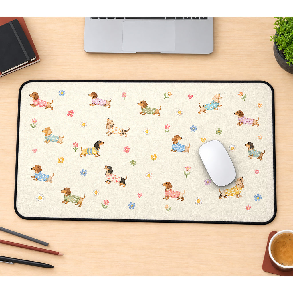 Pastel Dachshund Puppy Pattern desk mat — product mockup 1
