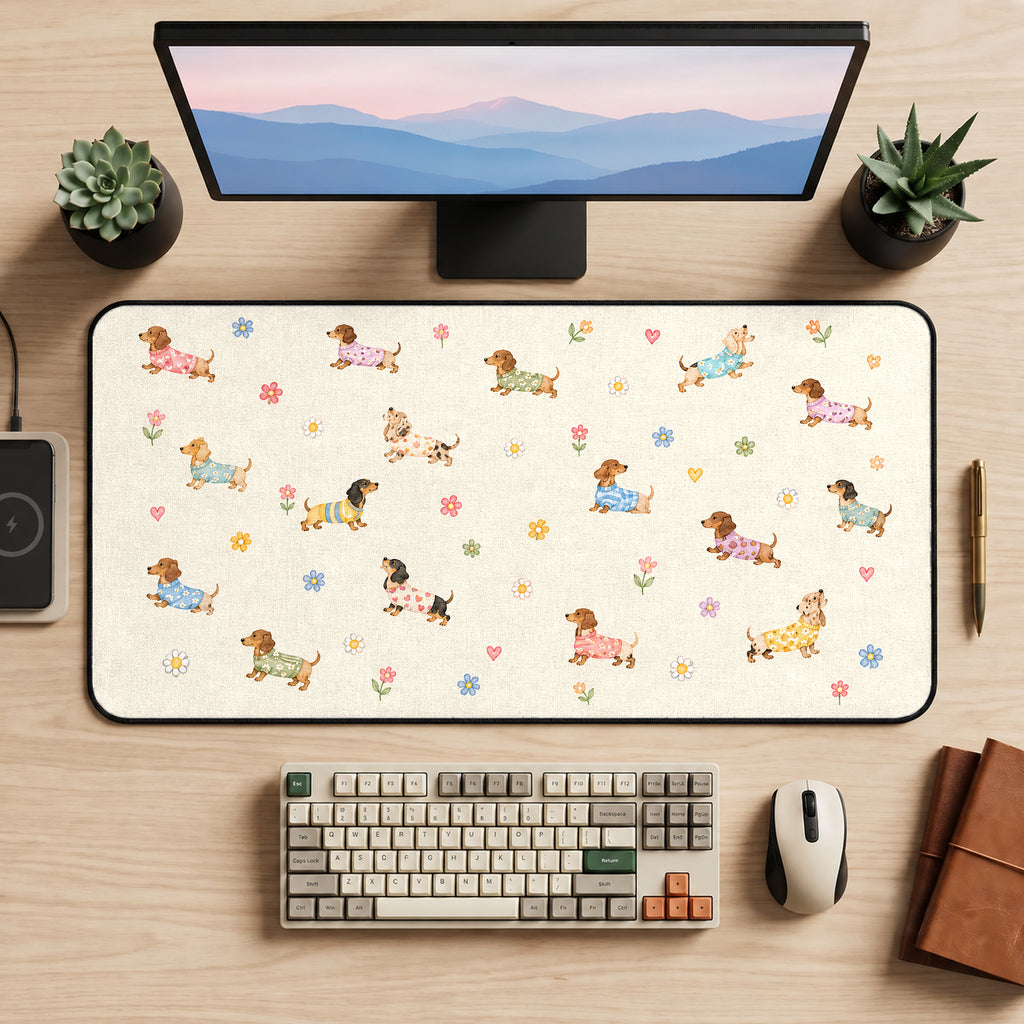 Pastel Dachshund Puppy Pattern desk mat — product mockup 2