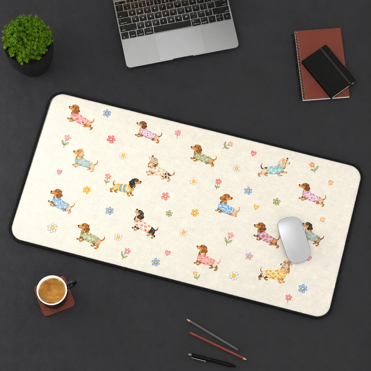 Pastel Dachshund Puppy Pattern desk mat — product mockup 3