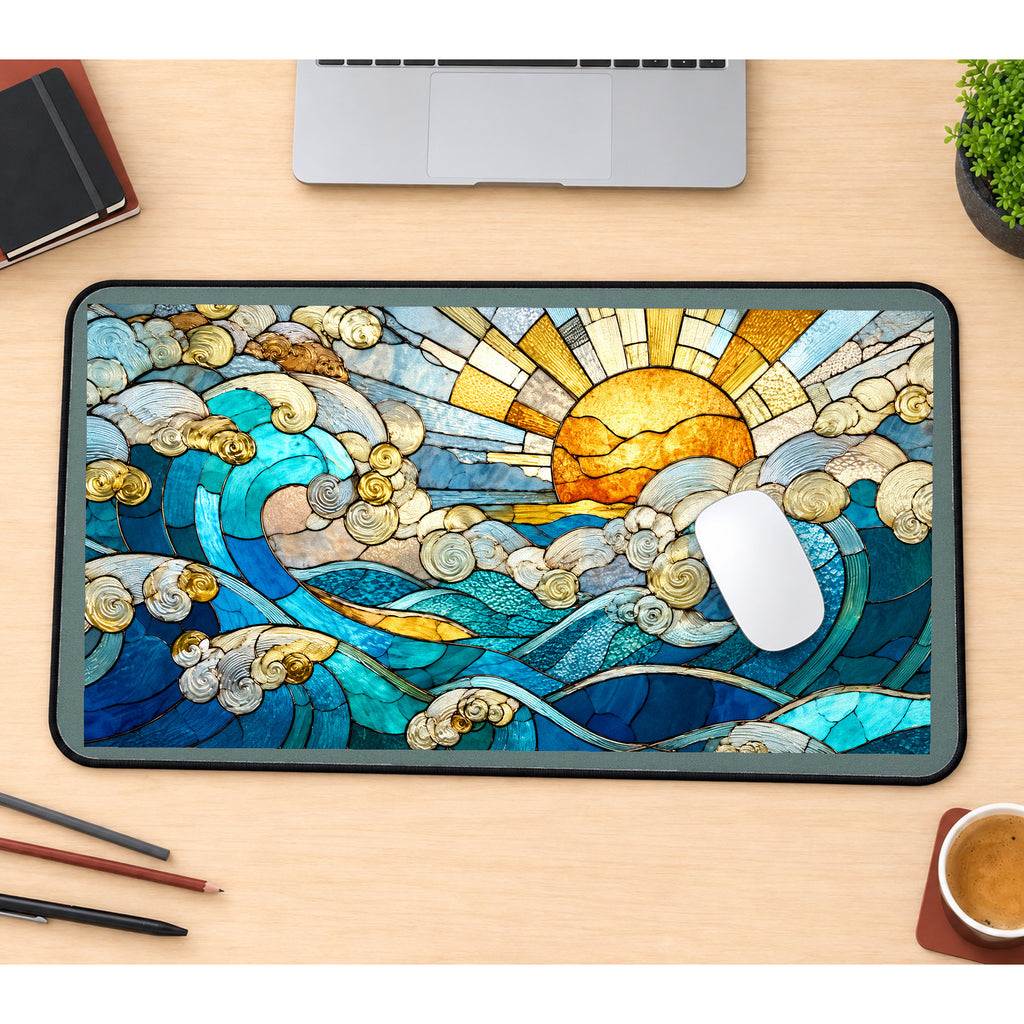 Stained Glass Wave at Sunrise desk mat — product mockup 1